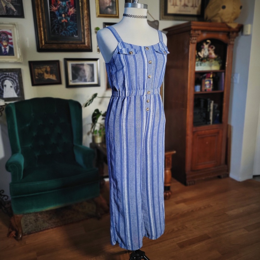 No Comment Jumpsuit Blue White Striped Wide Leg Button Front Girls XL 16‎ Small